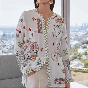 Johnny Was Cartegena White Embroidered 100% Silk Button Up Sheer Blouse Medium